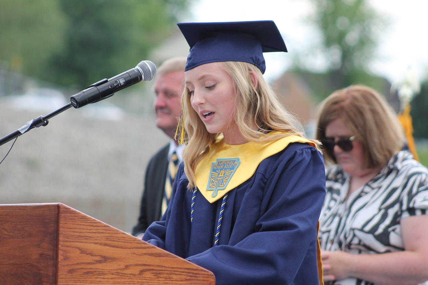 Katelyn Farr leads the opening prayer at Helias Catholic High School’s 2021 Commencement.